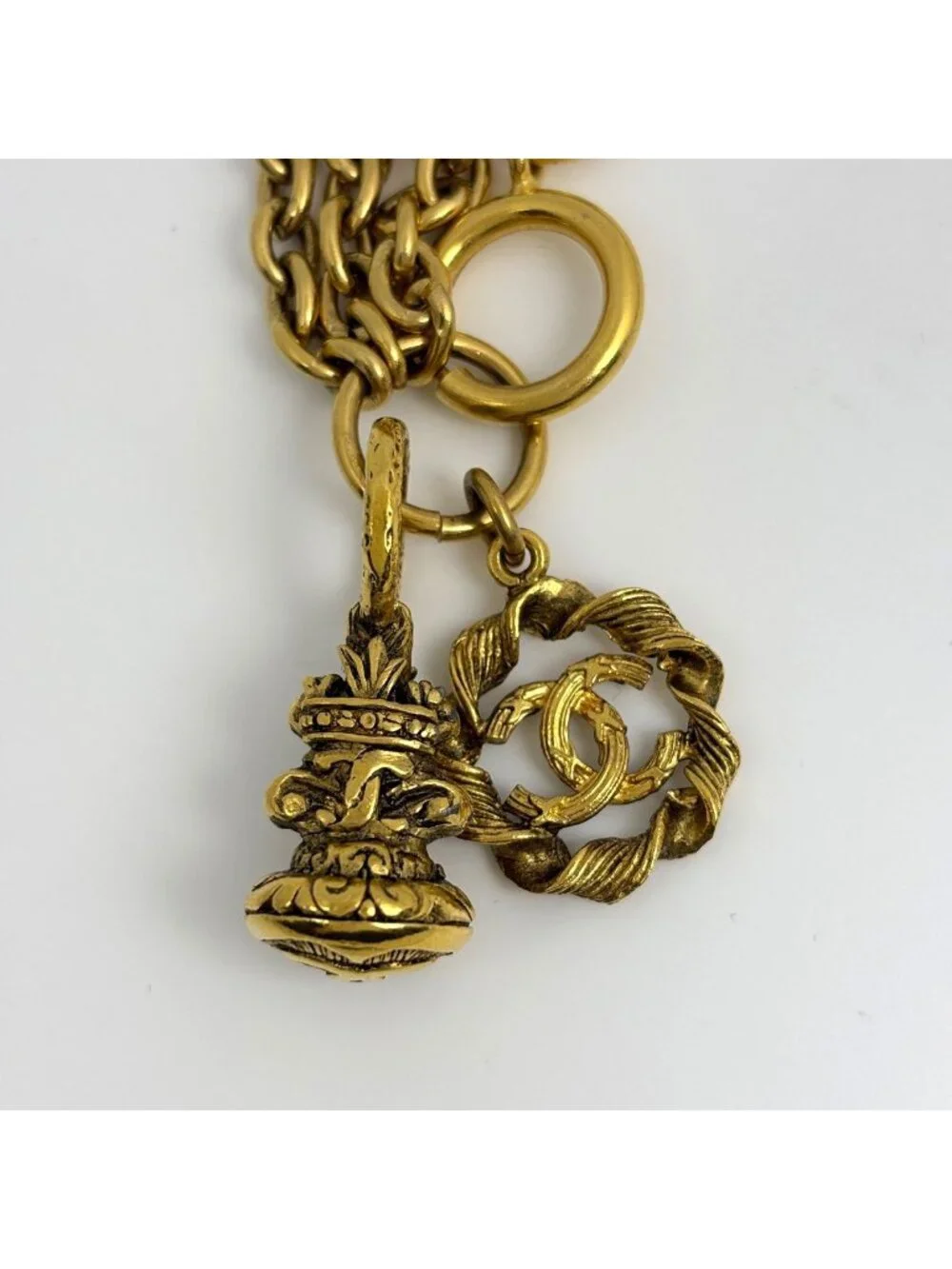 Chanel CC Logo Chain Necklace Triple Strand Long Gold Plated